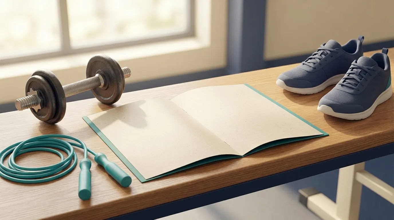 An open restaurant menu lying on a gym bench, surrounded by a dumbbell, a jump rope, and a pair of running shoes arranged like dishes