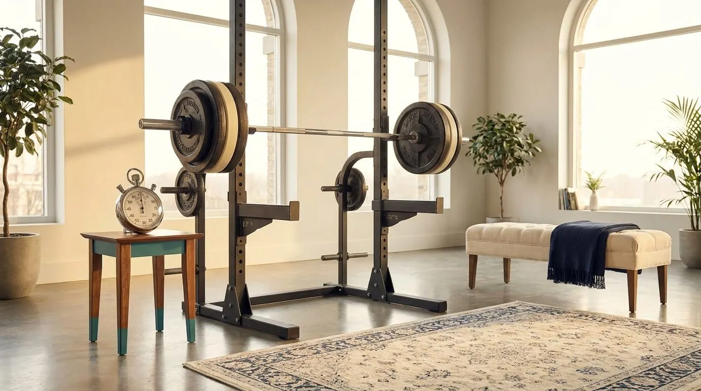 A heavily loaded barbell resting on a squat rack beside a stopwatch and a comfortable bench, in a calm sunlit gym