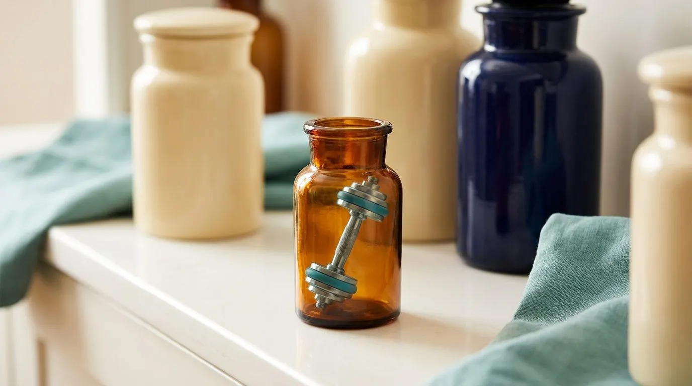 A dumbbell resting inside an open amber medicine bottle on a clean white pharmacy counter, lit like a product photo