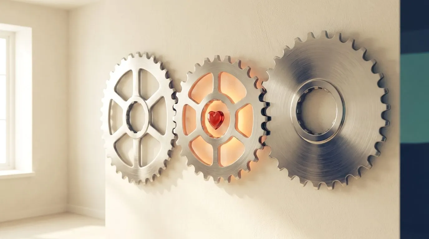 Three large polished bicycle gears of different sizes mounted on a wall, the middle gear glowing warmly, with a small red heart shape at its center