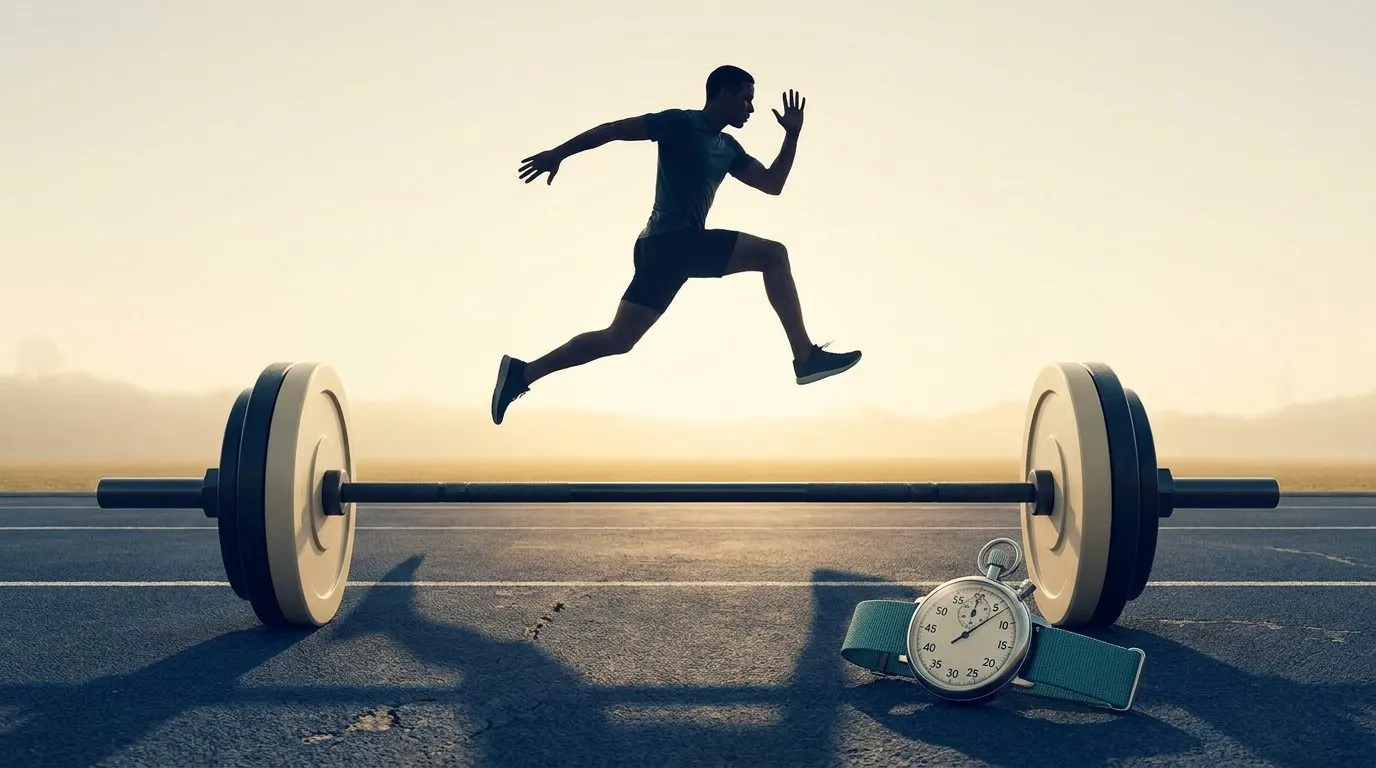 An athlete silhouetted mid-leap above a running track at sunrise, with a loaded barbell and a stopwatch standing in the foreground
