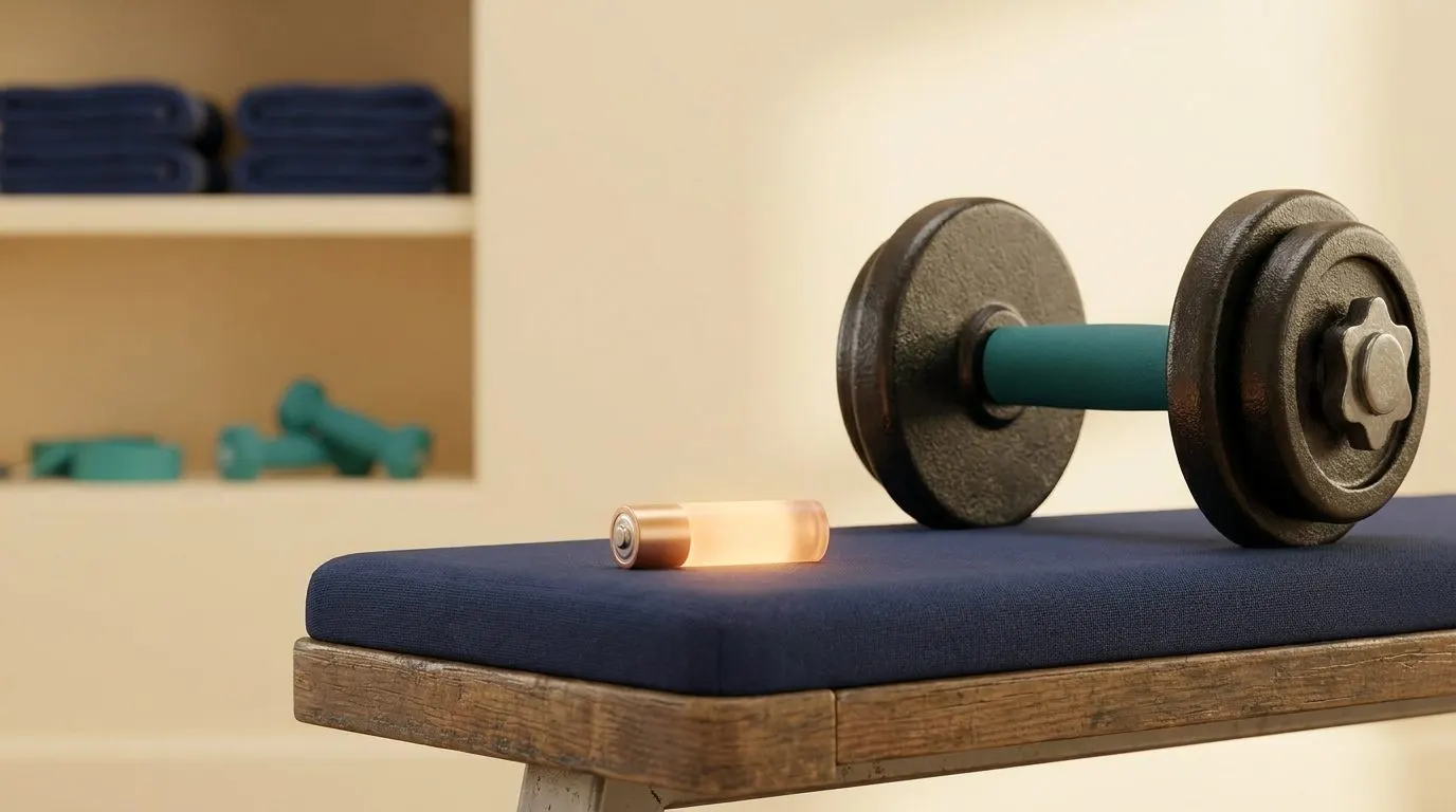 A single glowing AA-style battery resting on a gym bench beside a heavy dumbbell, lit warmly like a studio product photo