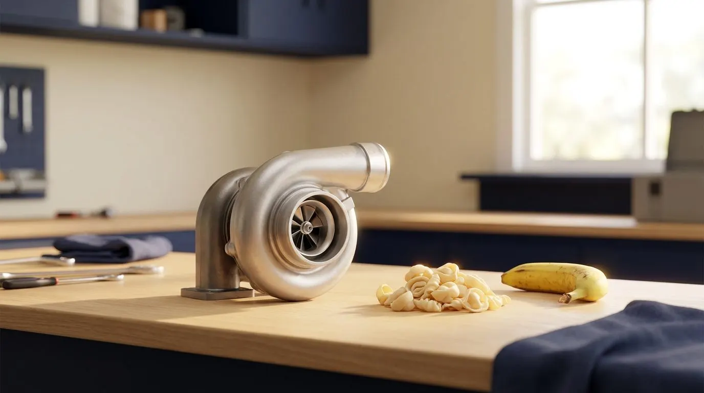 A glowing turbocharger on a clean workbench next to a small pile of pasta and a banana, lit like a glossy garage photo