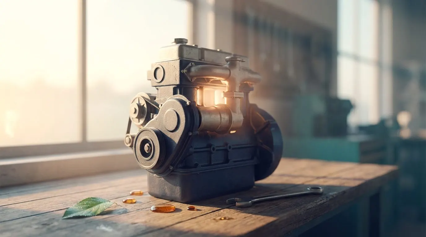 A calm diesel engine glowing softly on a workbench at dawn, with a few droplets of oil and a single green leaf beside it
