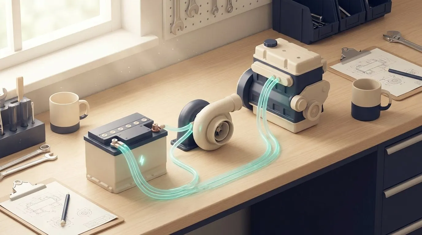 Three small engines lined up on a workbench — a battery, a turbocharger and a calm diesel — connected by glowing wires, lit like a tidy garage