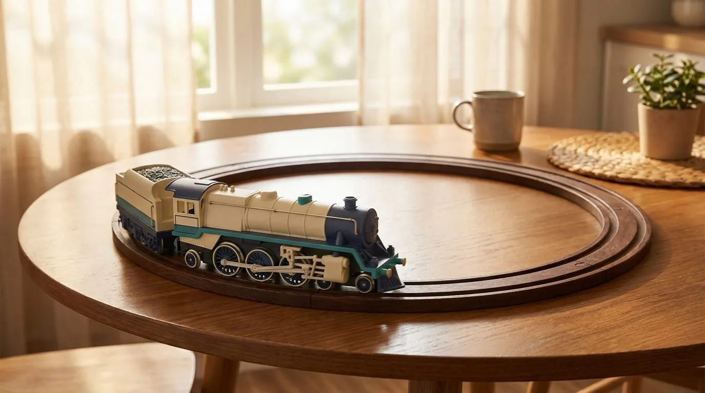 A model train running on a perfectly circular track on a warm wooden kitchen table, caught mid-loop in soft morning light