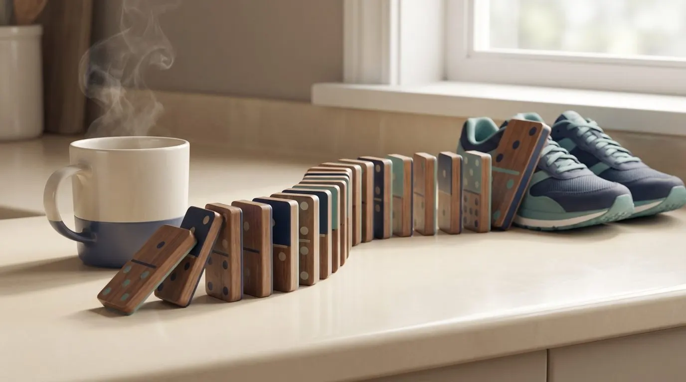 A neat row of dominoes on a kitchen counter, the first tiny domino resting beside a steaming coffee mug and the last leaning against a pair of running shoes