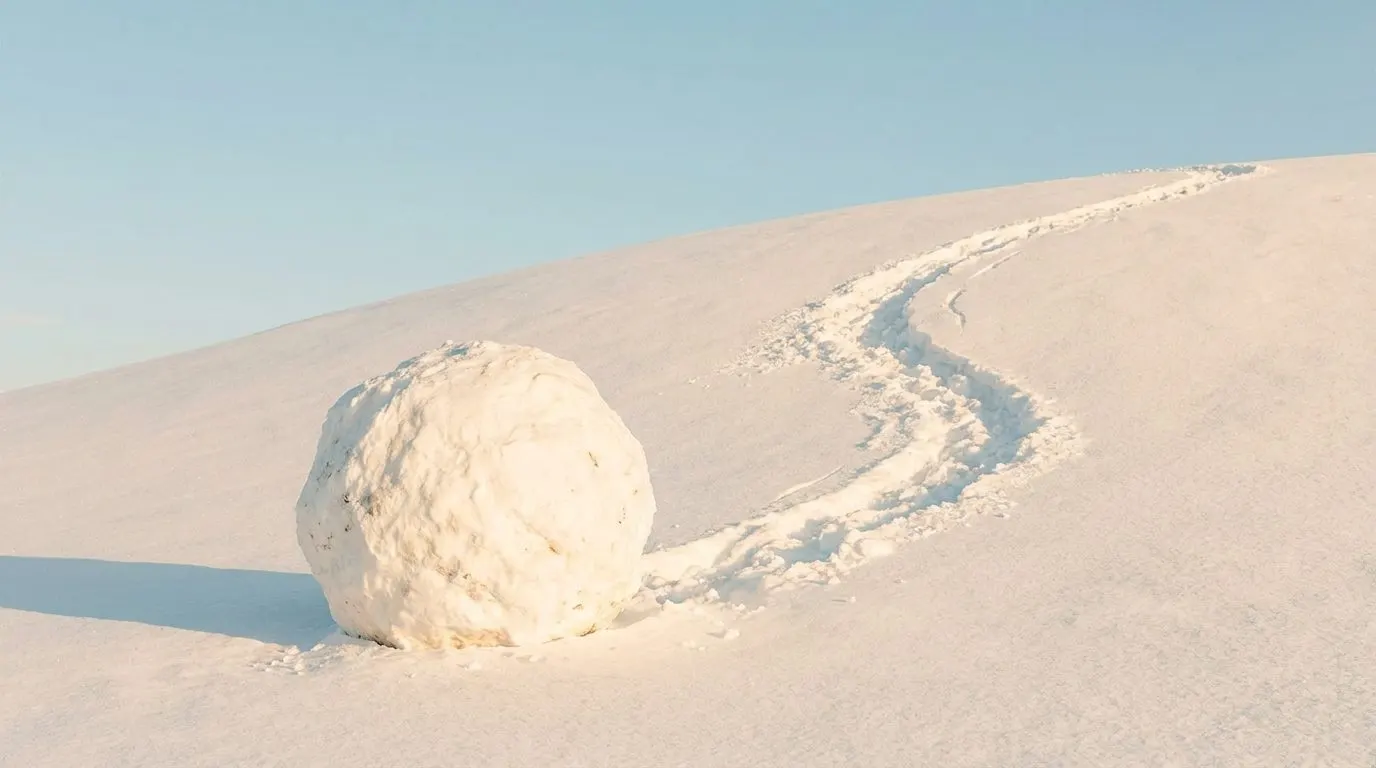 A small snowball rolling down a long gentle snowy hill, grown to boulder size near the bottom under a clear winter sky