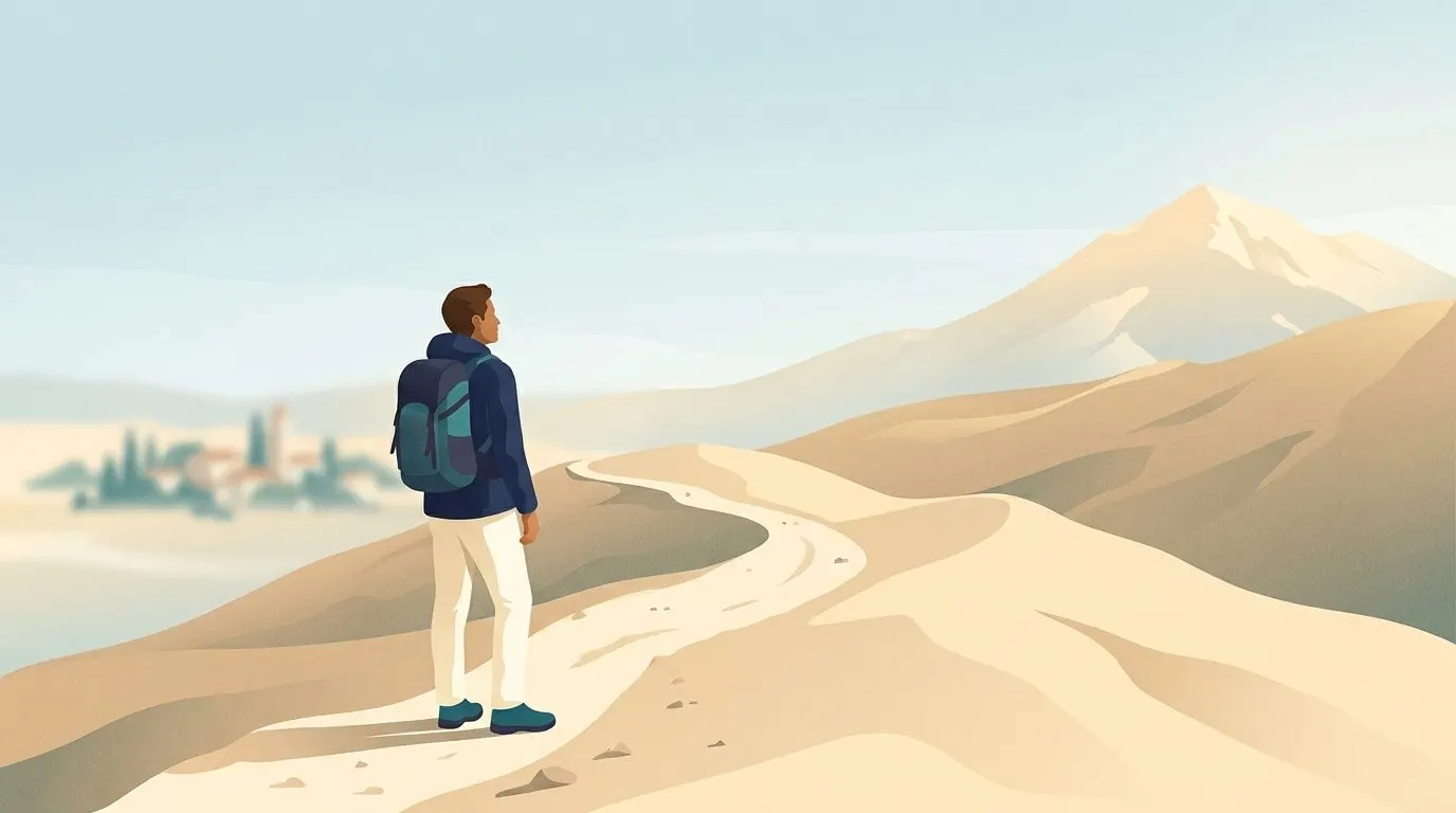 A hiker pausing on a long flat stretch of mountain trail, the bright trailhead far behind and a sunlit summit far ahead under a calm sky