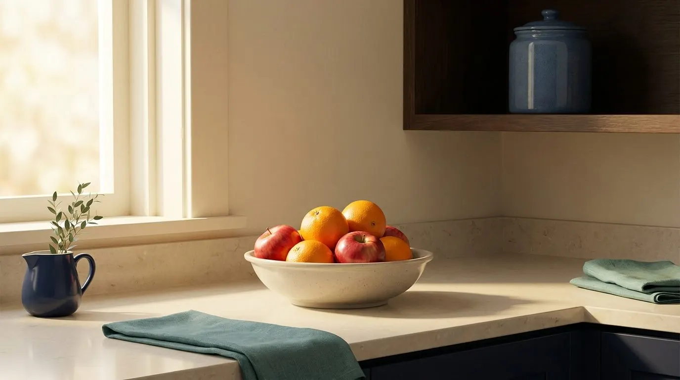 A bright kitchen counter with a bowl of glossy apples and oranges in warm sunlight, while a cookie jar sits far away on a high shadowed shelf