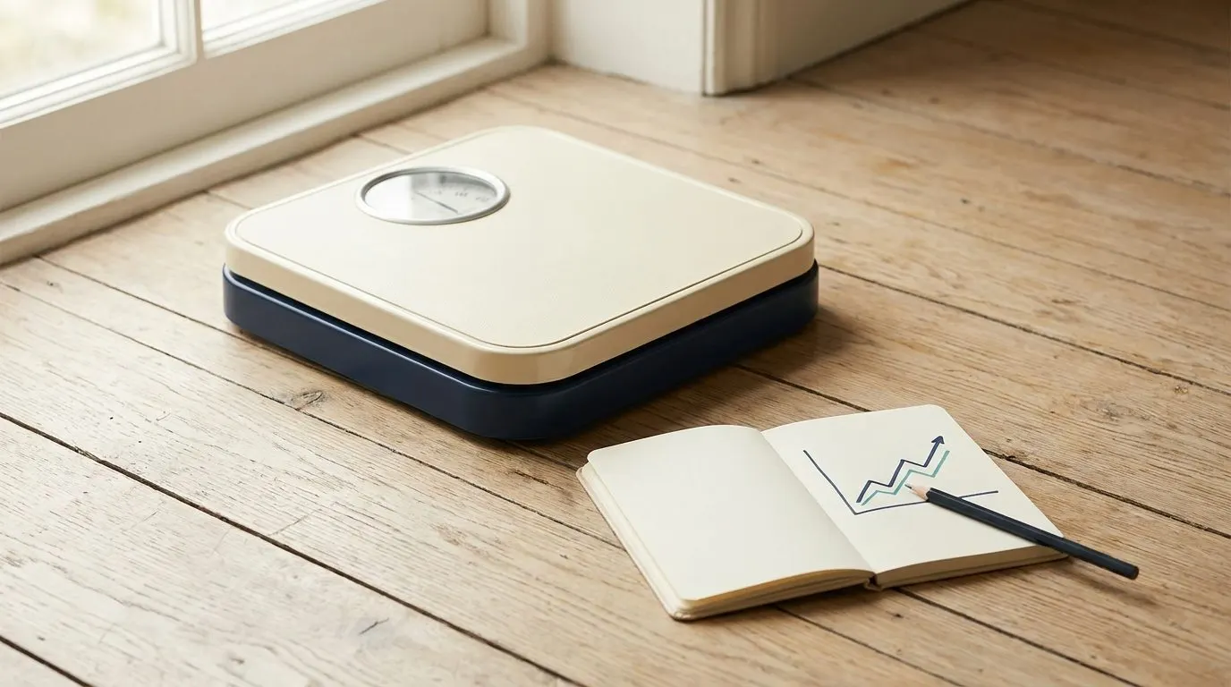 A bathroom scale on a wooden floor beside a small open notebook and pencil, a gently rising trend line sketched across the notebook page