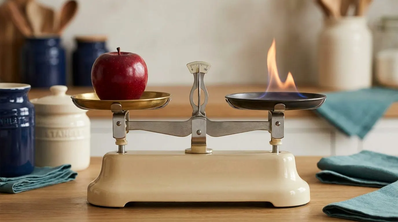 A kitchen scale with a shiny red apple on one plate and a small bright flame hovering over the other, symbolizing food as stored energy