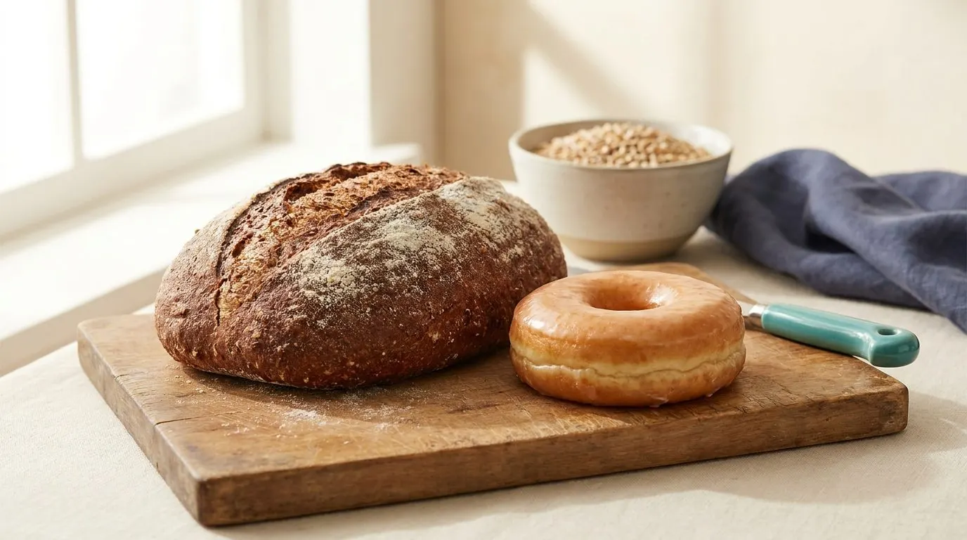 A rustic loaf of whole-grain bread and a glazed donut sitting side by side on a wooden cutting board under soft kitchen light