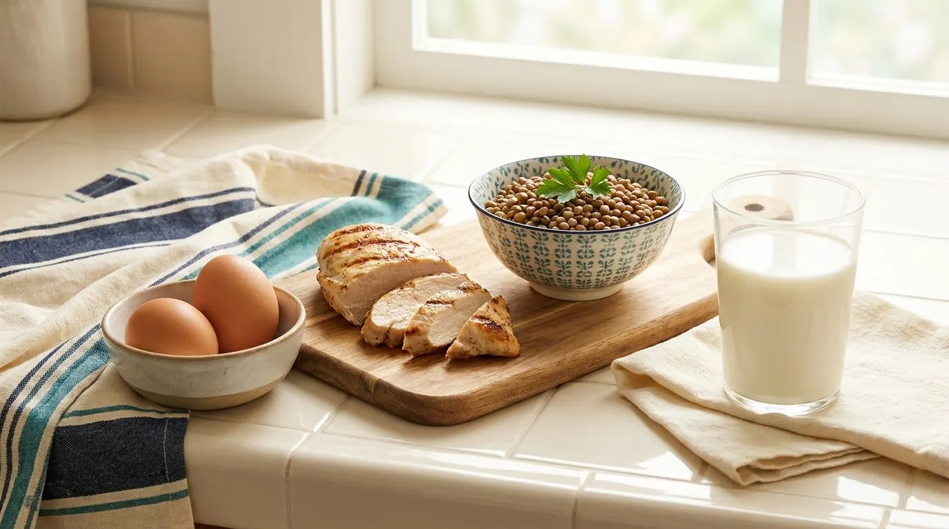 Eggs, a grilled chicken breast, a bowl of lentils, and a glass of milk arranged neatly on a bright kitchen counter