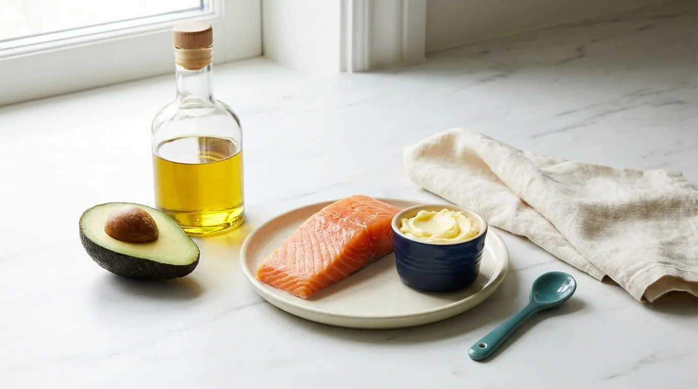 A bottle of olive oil, half an avocado, a piece of salmon, and a small dish of butter laid out on a marble countertop
