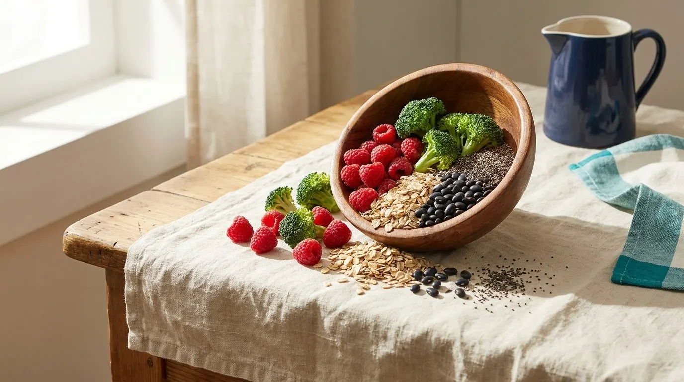 A wooden bowl overflowing with raspberries, broccoli florets, oats, black beans, and chia seeds on a sunlit kitchen table
