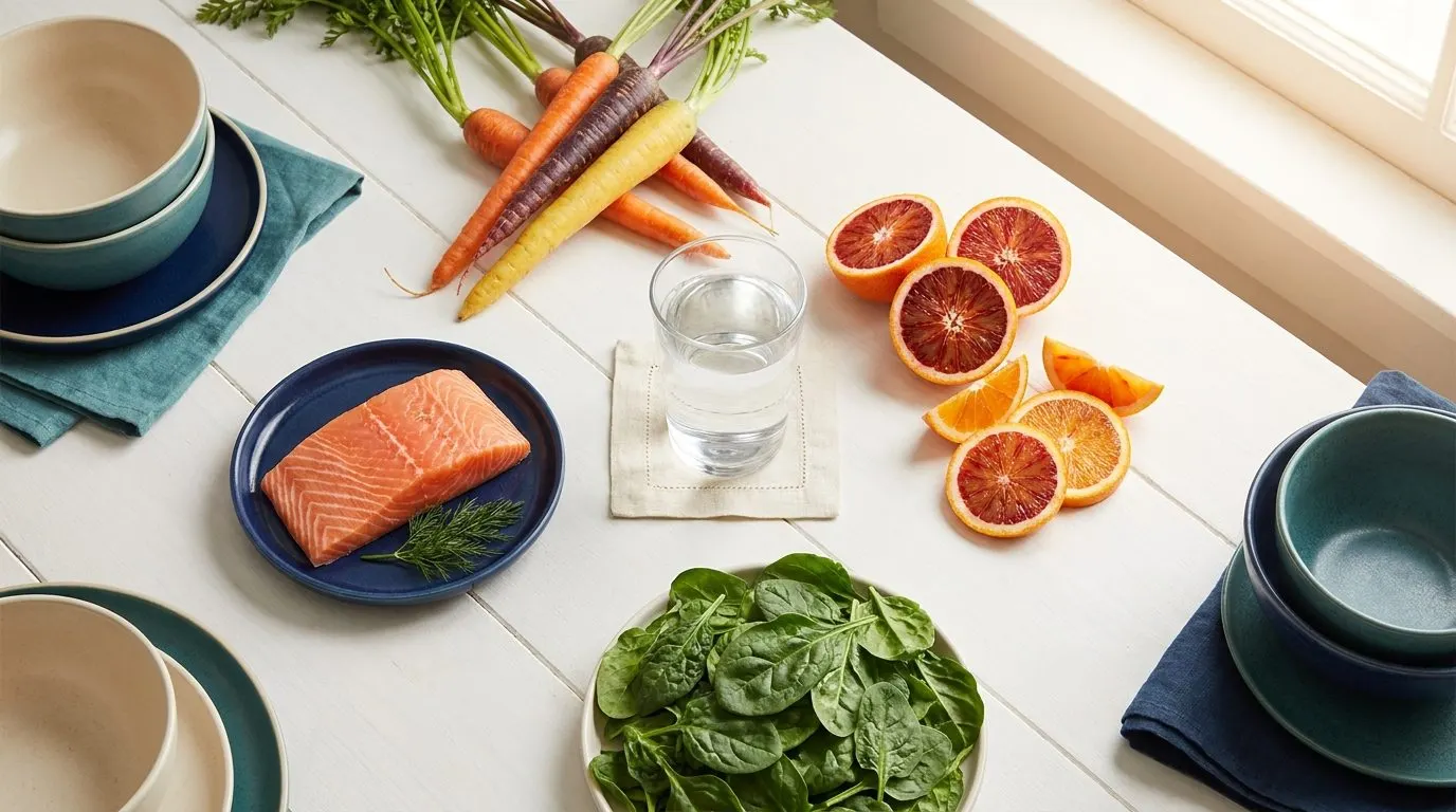 Colorful fresh produce — carrots, oranges, spinach leaves, and a salmon fillet — arranged in a circle around a clear glass of water on a white table