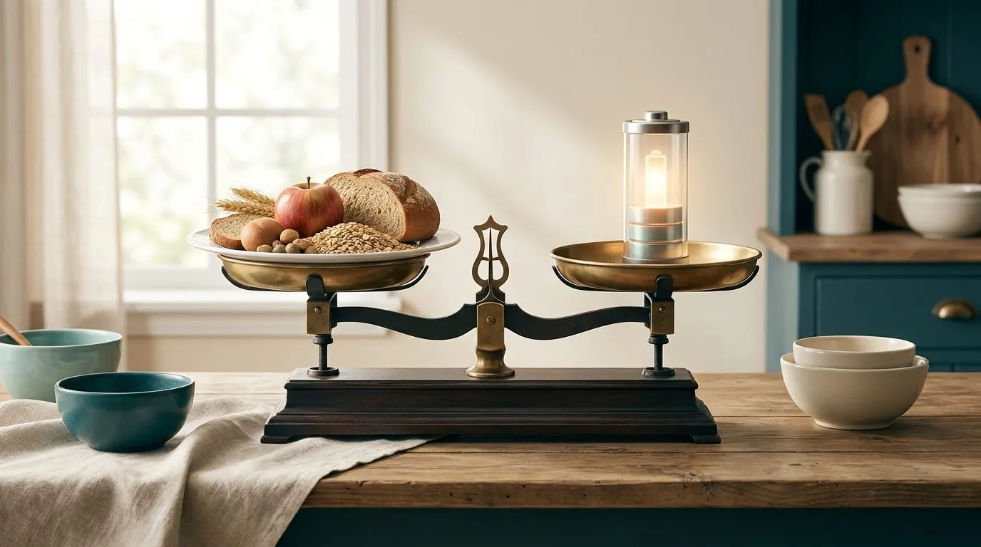 An old-fashioned balance scale with a plate of food on one side and a glowing battery on the other, perfectly level on a kitchen table