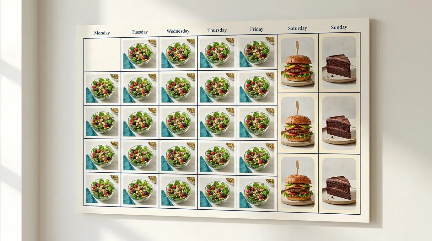 A wall calendar where the weekday squares hold small tidy salads and the weekend squares hold a towering burger and a slice of chocolate cake