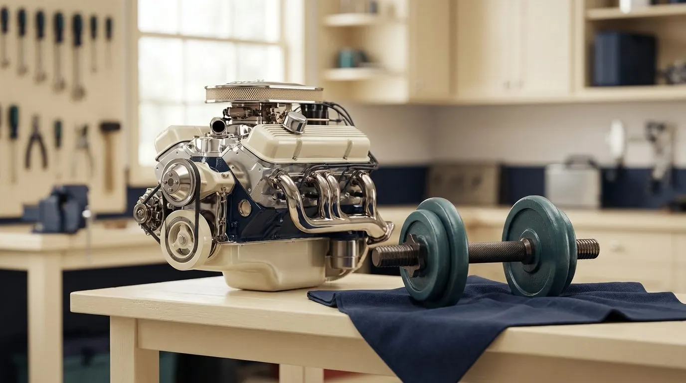 A polished car engine sitting on a clean workbench next to a single dumbbell, lit like a glossy garage photograph