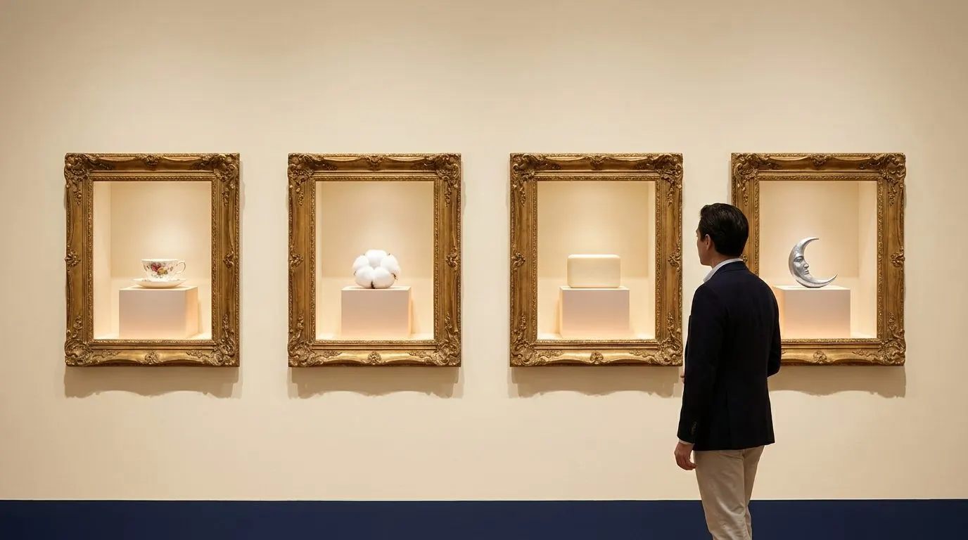 A museum wall of ornate gold picture frames displaying a teacup, a cotton ball, a bar of soap, and a crescent moon on small lit pedestals