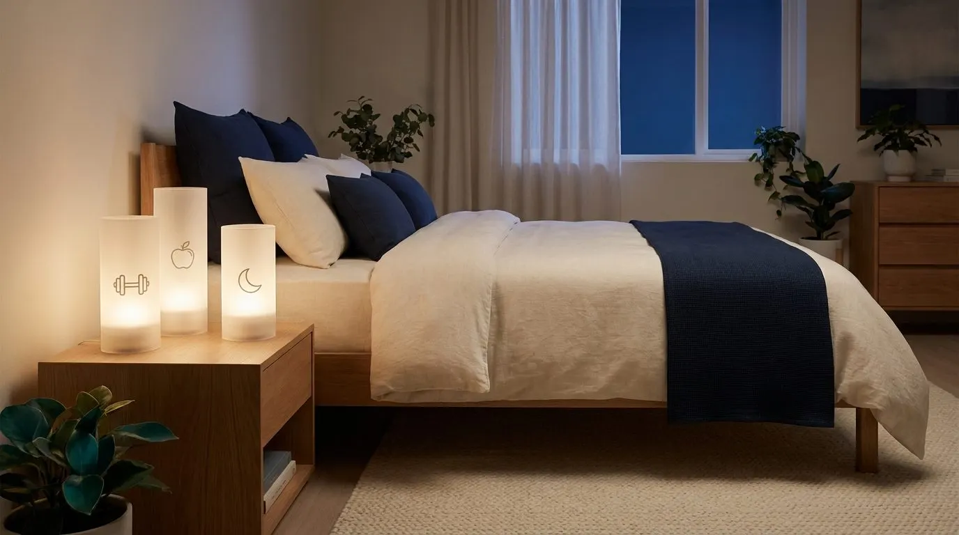 A calm bedroom at night with three softly glowing pillars beside the bed, one labeled by a dumbbell, one by an apple, one by a moon