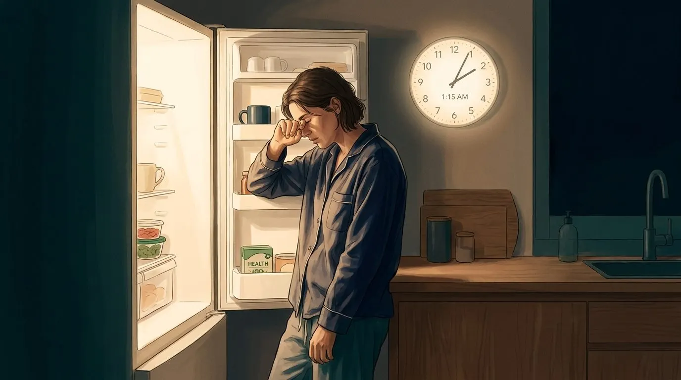 A tired person at night staring into a glowing open refrigerator, with a softly lit clock on the wall reading past midnight