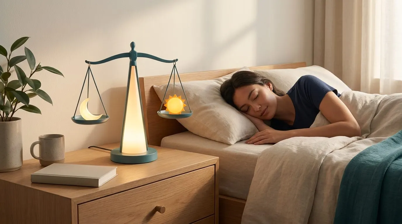 A calm bedside scene at dawn with a glowing balance scale on the nightstand, gently weighing a moon against a small sun