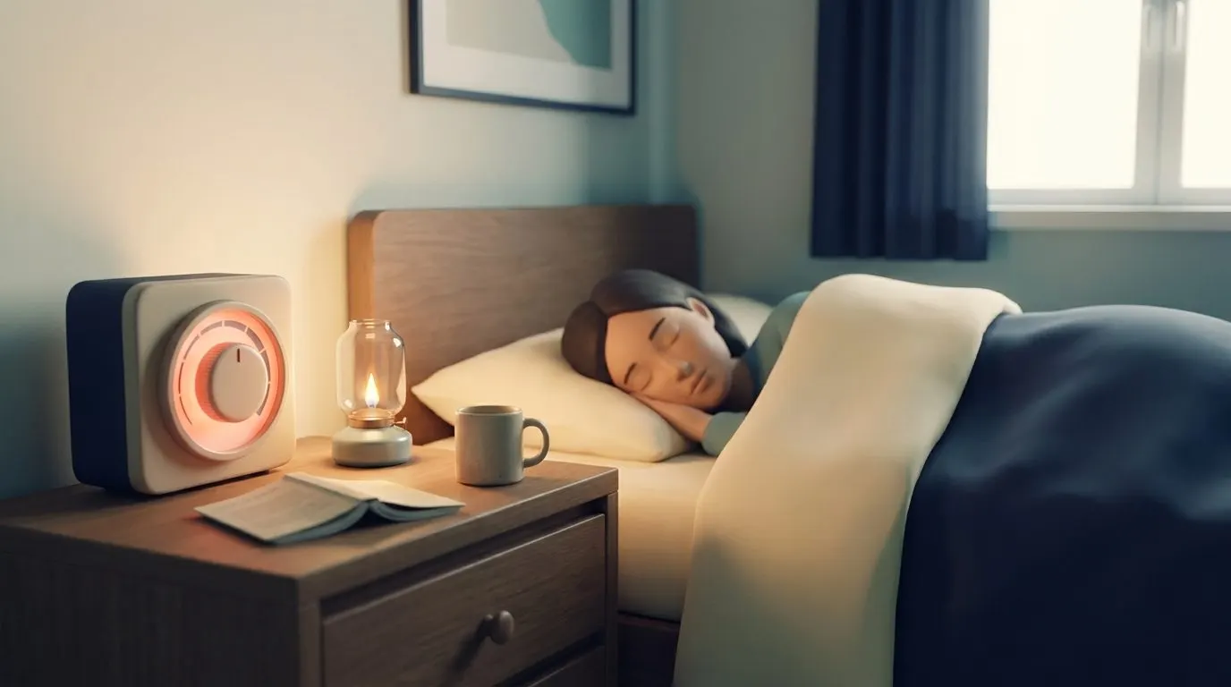A glowing furnace dial on a nightstand turned down low beside a sleeping figure, with a small flame flickering dimly inside