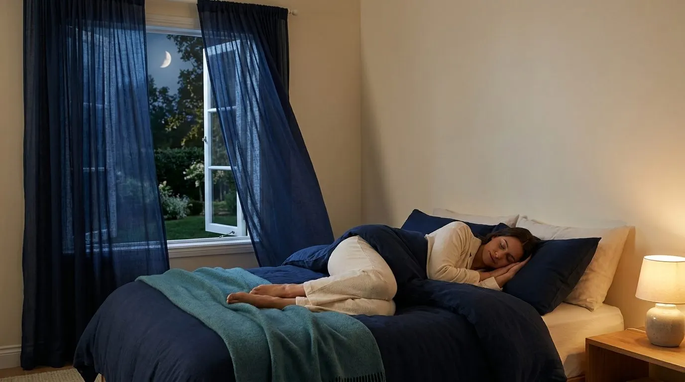 A woman resting peacefully in a cool, dim bedroom with an open window letting in night air and a soft moon outside
