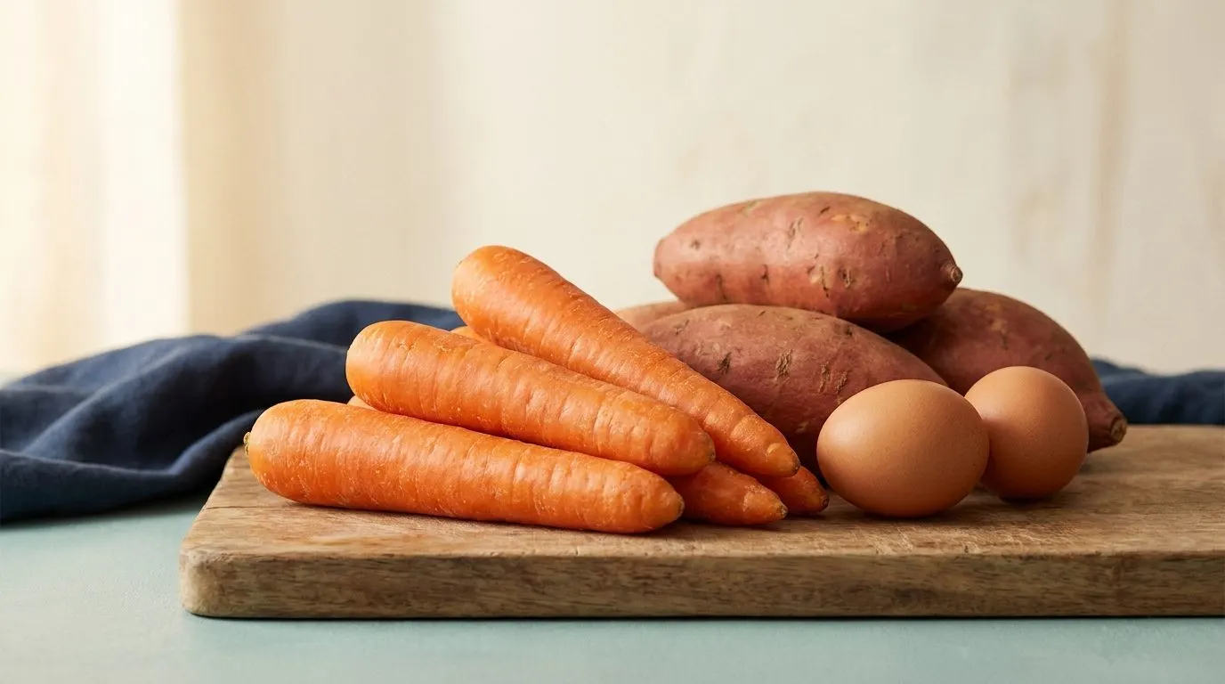 A pile of bright orange carrots and sweet potatoes beside two brown eggs on a wooden cutting board, lit warmly from the side