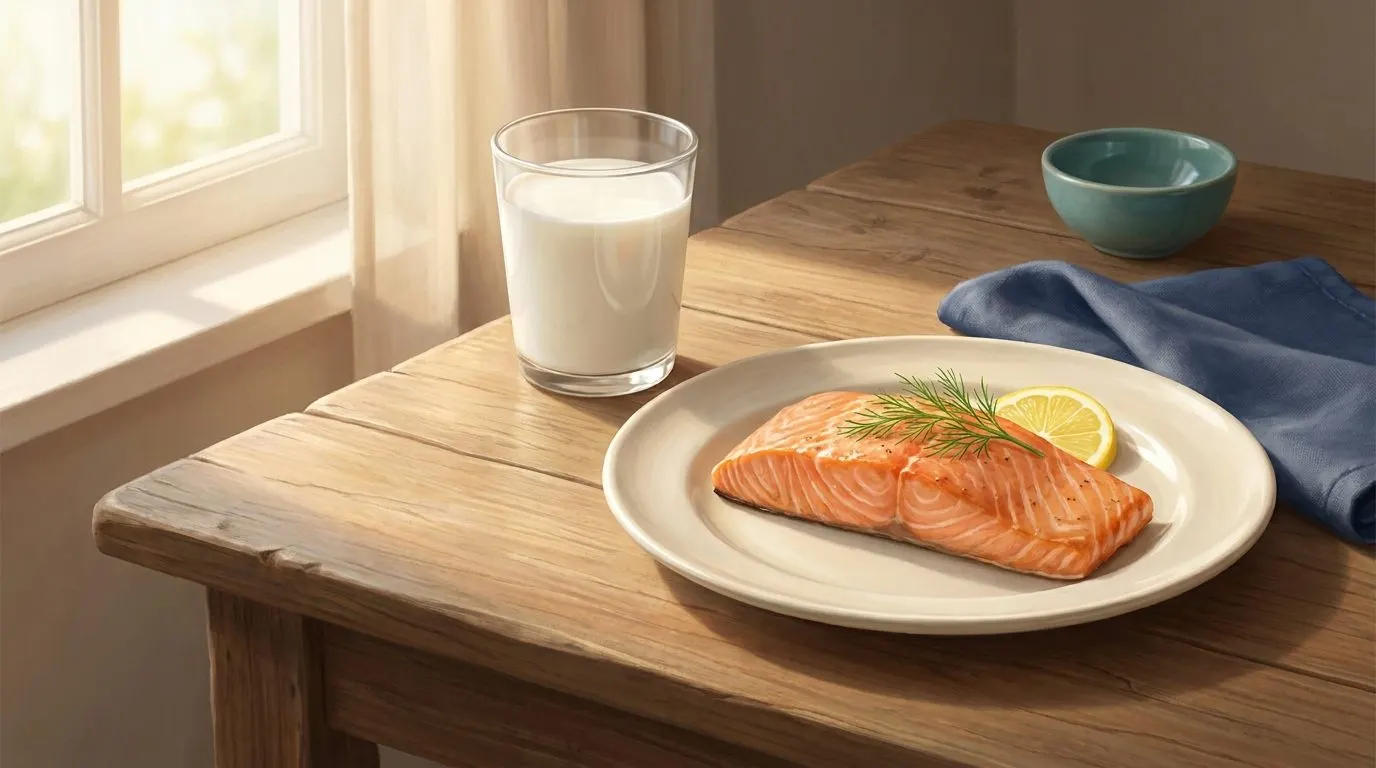 A single salmon fillet on a plate beside a glass of milk, with soft sunlight streaming through a nearby window onto a wooden table