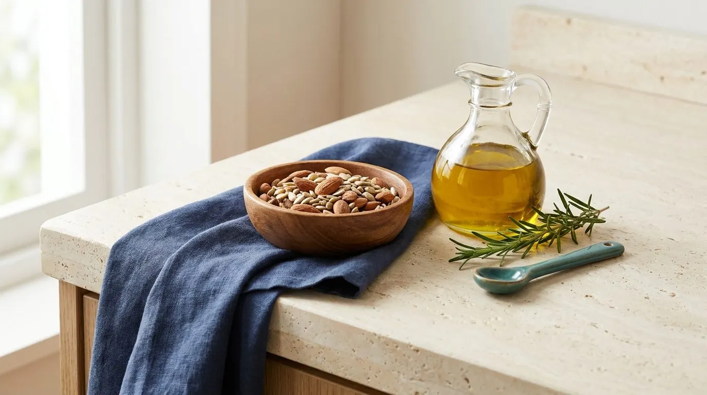 A small wooden bowl of mixed almonds and sunflower seeds beside a glass cruet of golden olive oil on a light kitchen counter