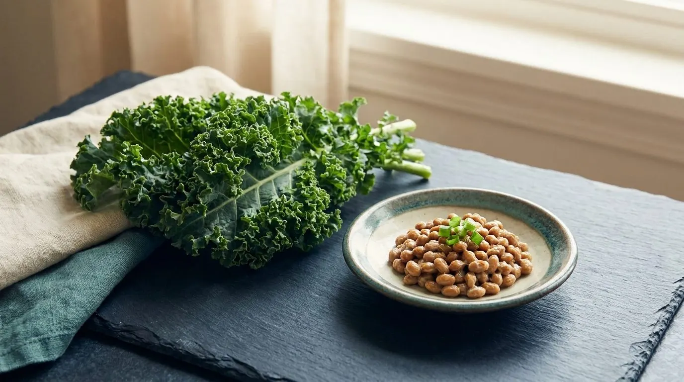 A bunch of fresh kale and a small dish of fermented natto beans on a dark slate surface, softly lit