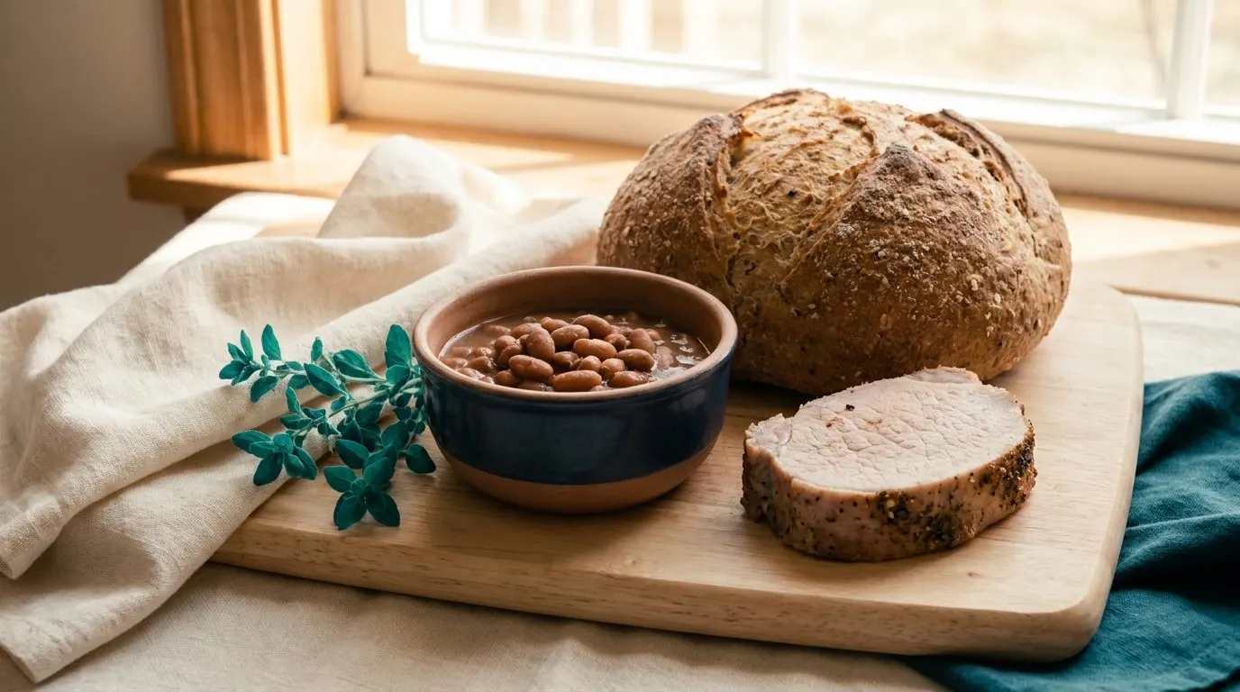 A rustic spread of whole grain bread, a small bowl of cooked beans, and a slice of pork on a wooden board, warm natural light