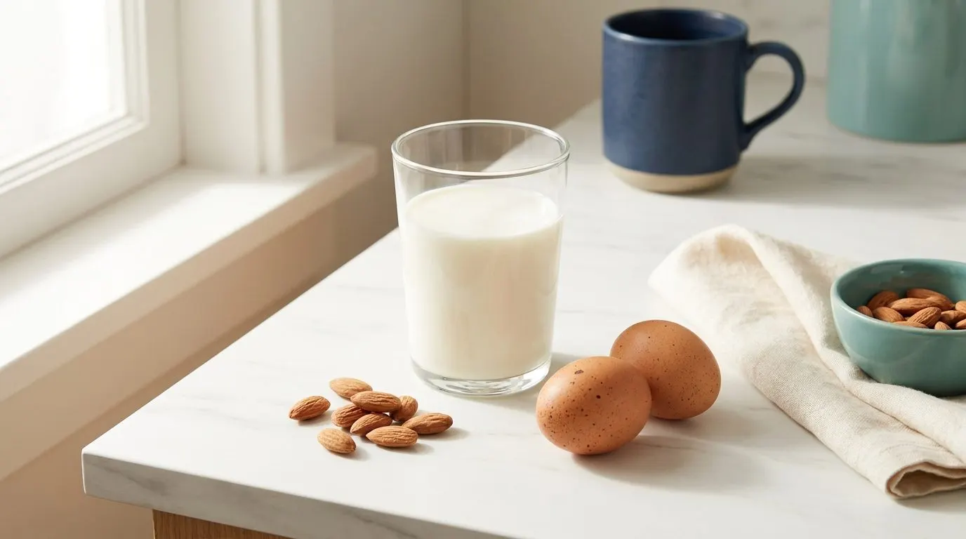 A glass of milk, two brown eggs, and a handful of fresh almonds arranged on a bright white countertop with soft morning light