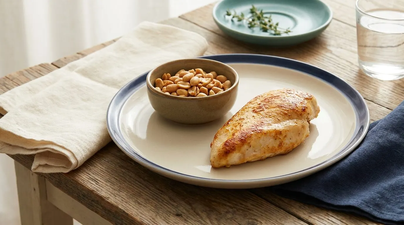 A small bowl of roasted peanuts beside a cooked chicken breast on a plate, set on a warm wooden table with soft lighting