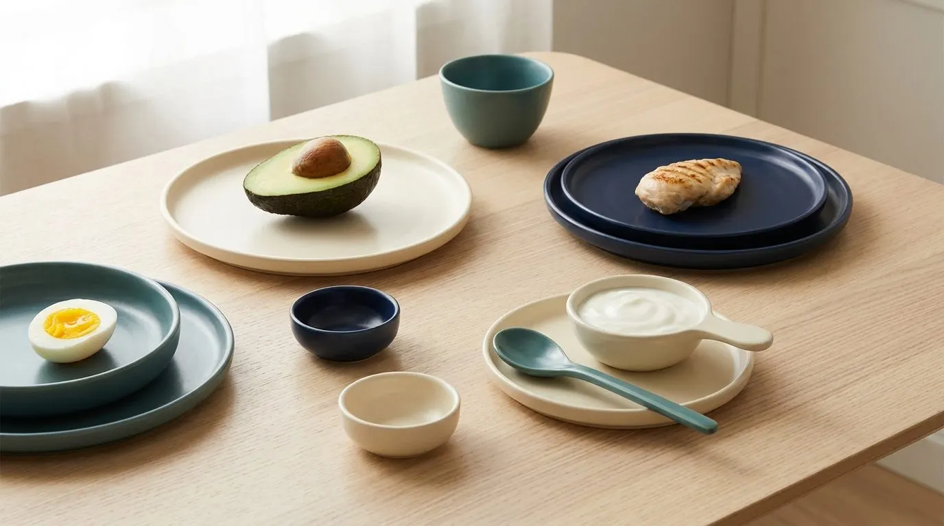 A varied spread of an avocado half, a boiled egg, a chicken piece, and a scoop of yogurt on a light wooden table, bright and fresh
