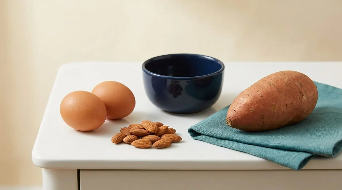 Two brown eggs, a small pile of almonds, and a sweet potato on a clean white surface, softly lit from above