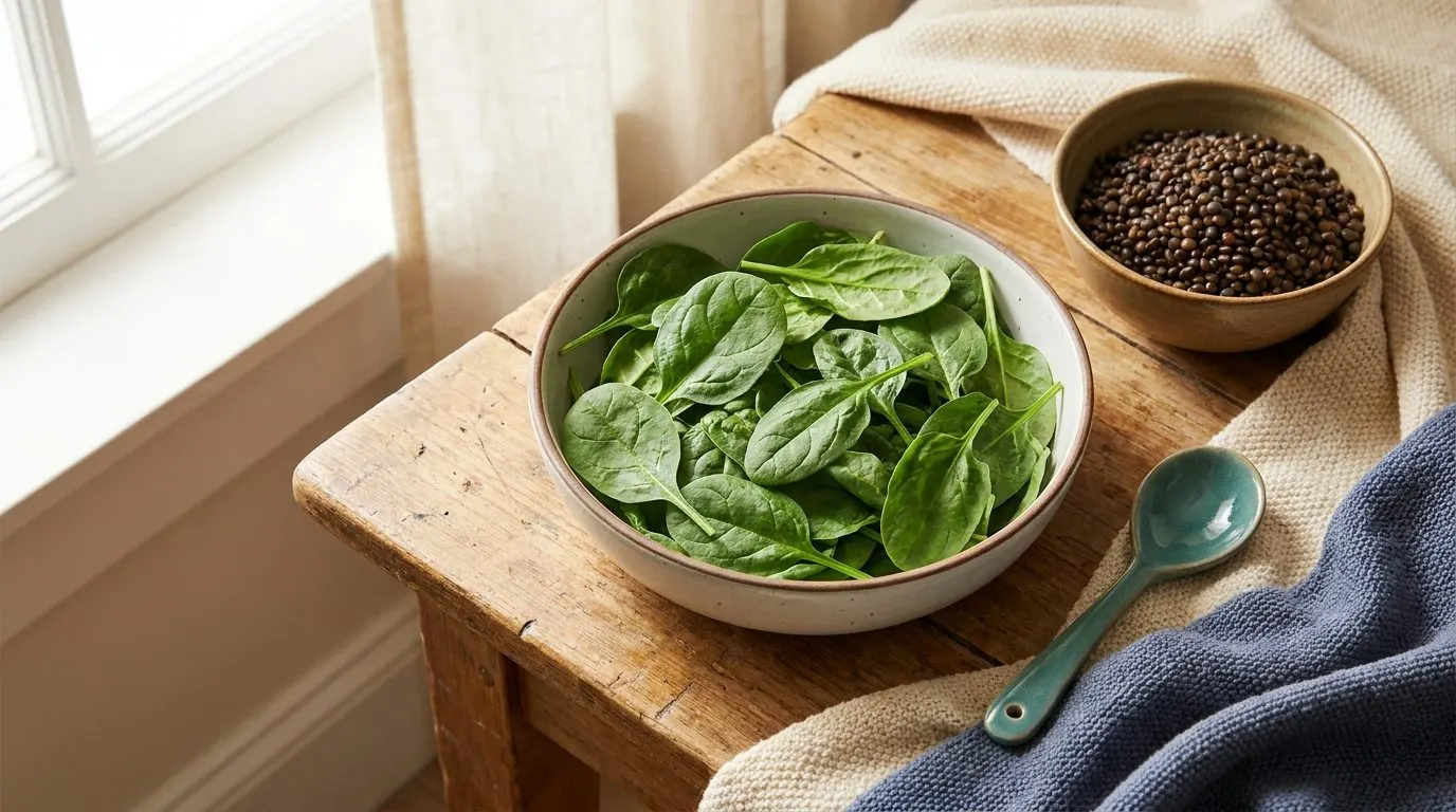 A bowl of fresh spinach leaves beside a small dish of cooked lentils on a rustic wooden table with soft daylight