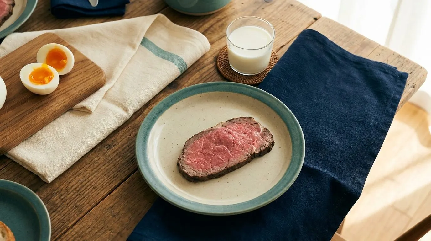 A piece of cooked beef, a boiled egg, and a small glass of milk on a dark wooden table, warmly lit