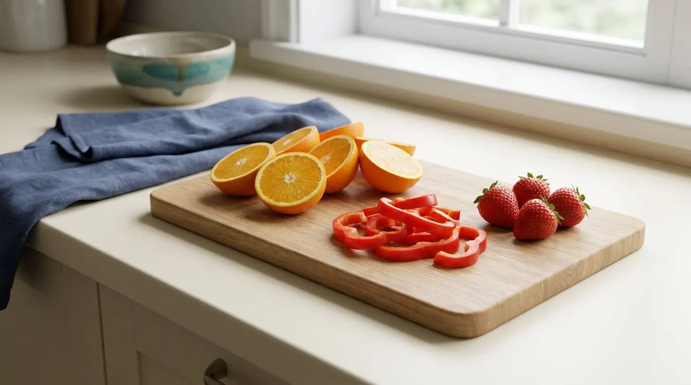 A cutting board with halved oranges, a sliced red bell pepper, and a few strawberries arranged on a bright kitchen counter