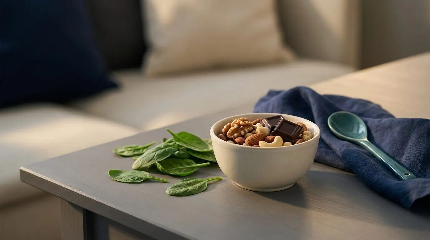 A small bowl of mixed nuts and dark chocolate squares beside fresh spinach leaves on a calm grey table, soft evening light