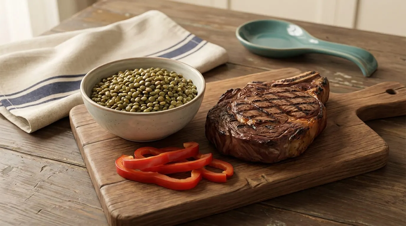 A grilled steak beside a bowl of lentils and a sliced red bell pepper on a wooden board, warm kitchen light