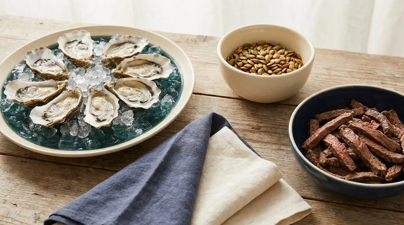 A plate of fresh oysters on ice beside a small bowl of pumpkin seeds and beef strips, bright clean light