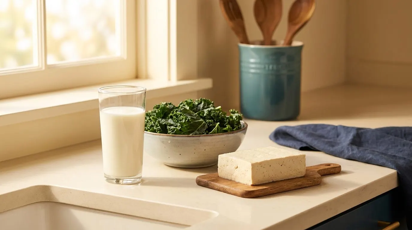 A glass of milk beside a bowl of leafy kale and a block of tofu on a bright kitchen counter, natural daylight