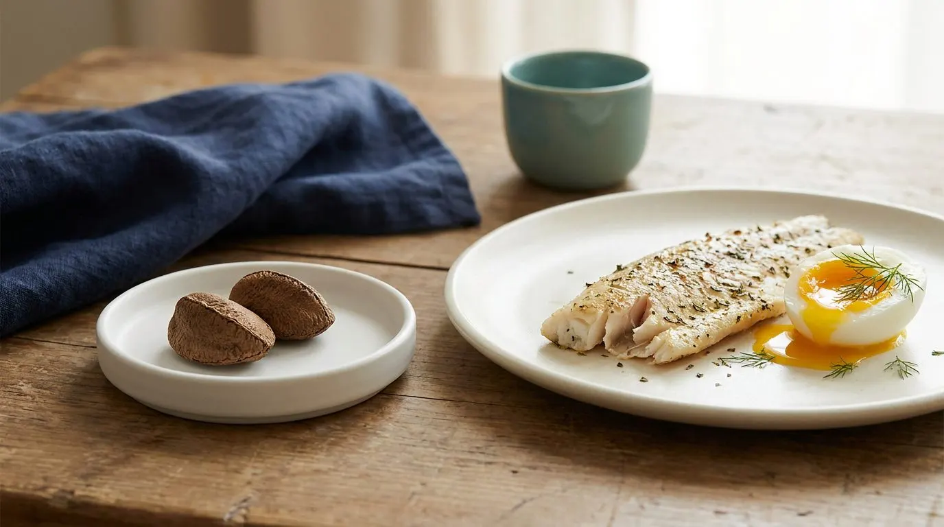 Two whole Brazil nuts on a small white dish beside a fish fillet and an egg, soft minimal styling