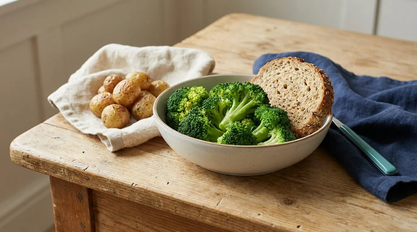A bowl of steamed broccoli beside whole grain bread and a few potatoes on a plain wooden table, soft daylight
