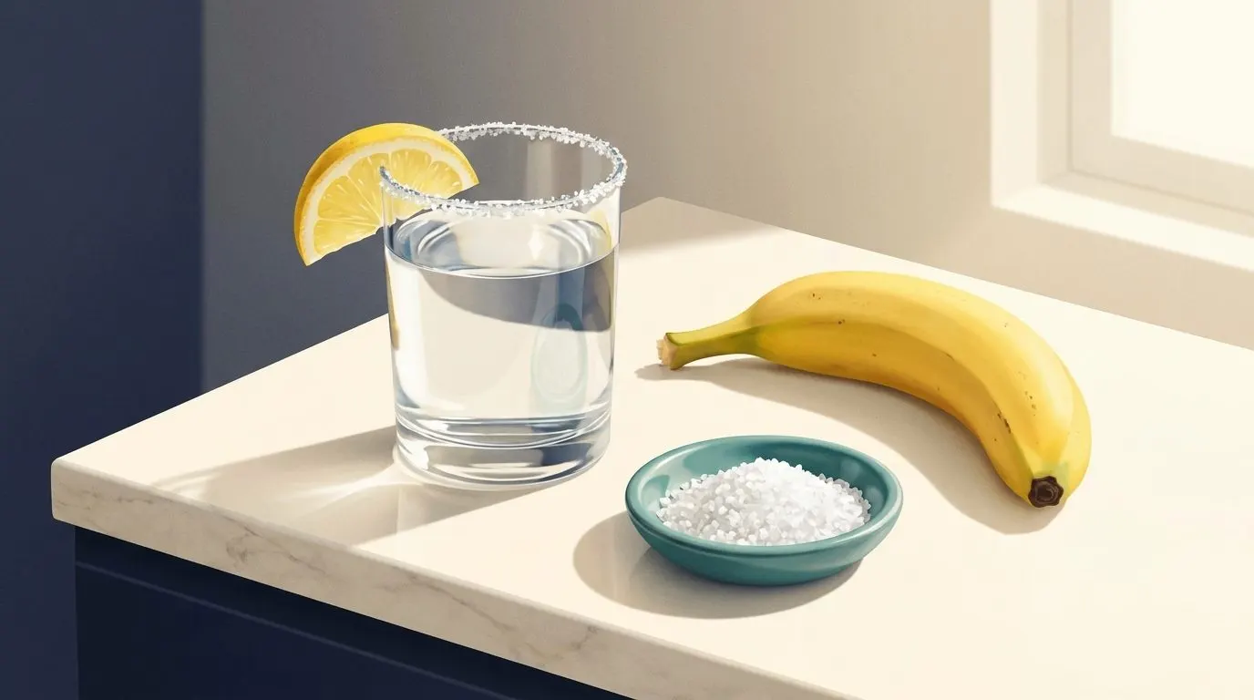 A glass of water with a wedge of salt-rimmed lemon beside a banana and a small dish of salt on a clean counter, bright light