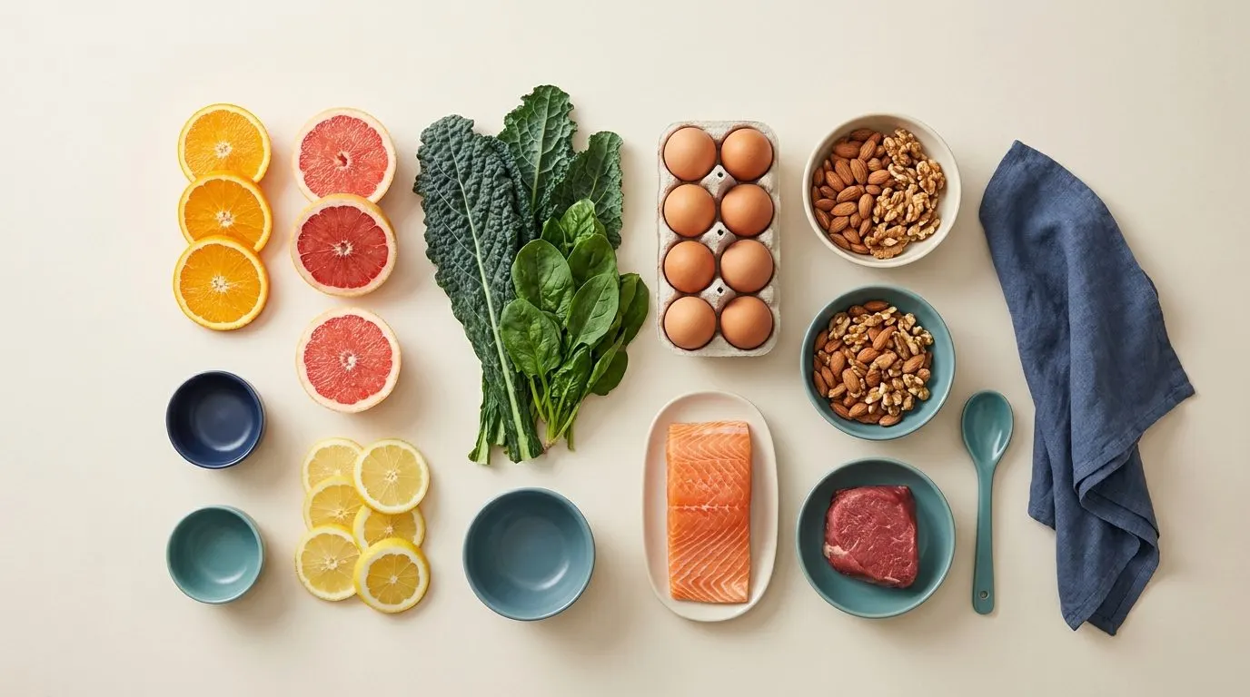 A flat-lay of colorful whole foods — citrus, leafy greens, eggs, nuts, fish, and red meat — arranged neatly on a light surface, top-down view